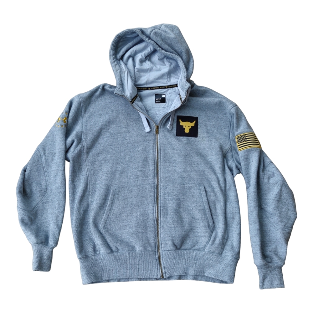 Under Armour Embroidered hoodie Mens Size Large Gray with patches Full zip